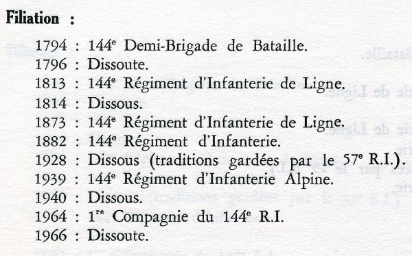  Le 144° Régiment d'Infanterie (créé 1794 et dissous en 1998 )   existera sous différentes appellations de 1966 à 1998 comme Régiment de Réserve .  